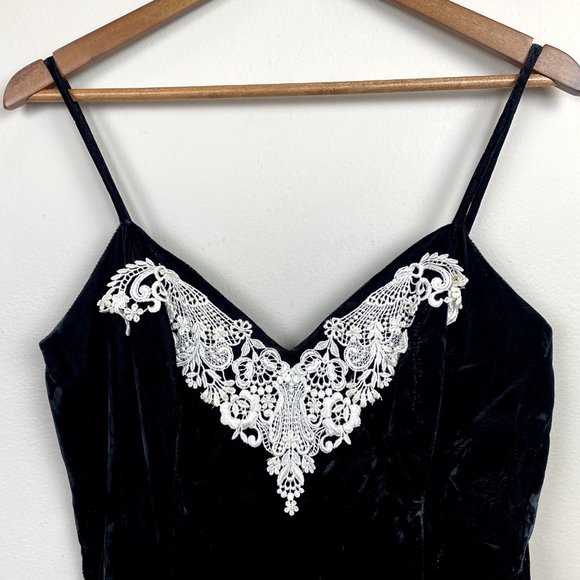 Roberta Evening Gown 13/14 Black Velvet Lace Sheath V-Neck Long‎ Slit Vintage - Picture 2 of 11